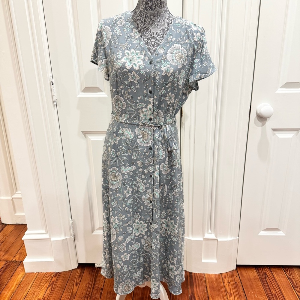 NEW LOFT Midi Dress Short Sleeves with Buttons & Tie at Waist Sz 10 Cottagecore